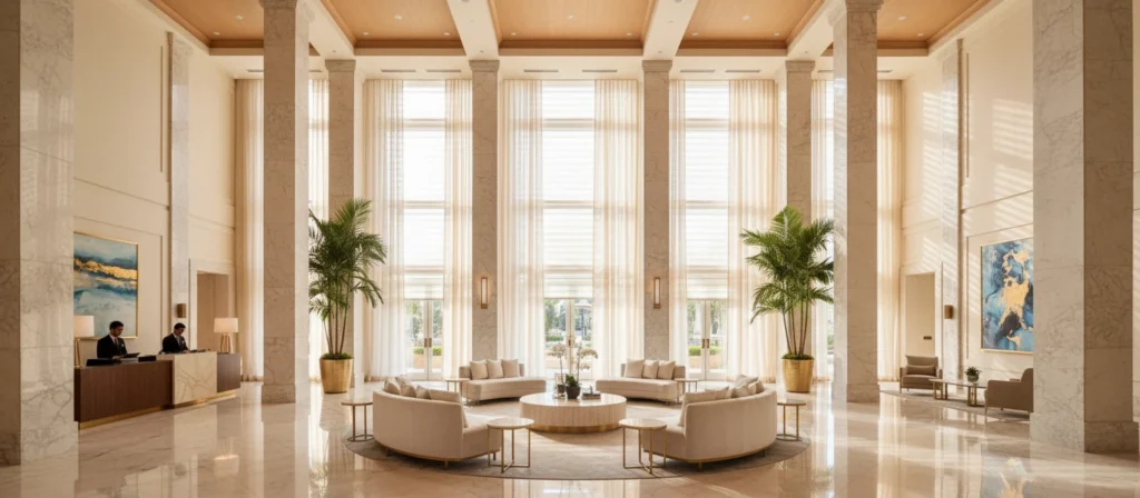 Massive luxury hotel lobby with tall marble columns and double-height floor-to-ceiling sheer drapes framing large windows above a central seating