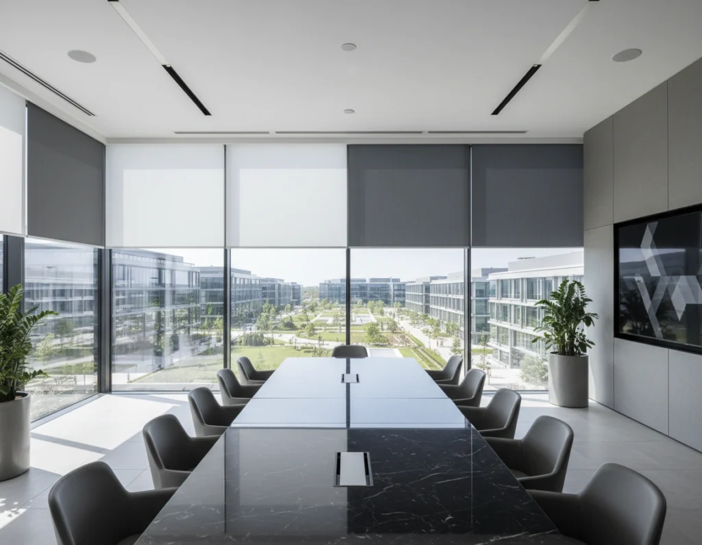 Modern corporate boardroom with a long black marble table and floor-to-ceiling glass walls equipped with black and white solar roller shades.