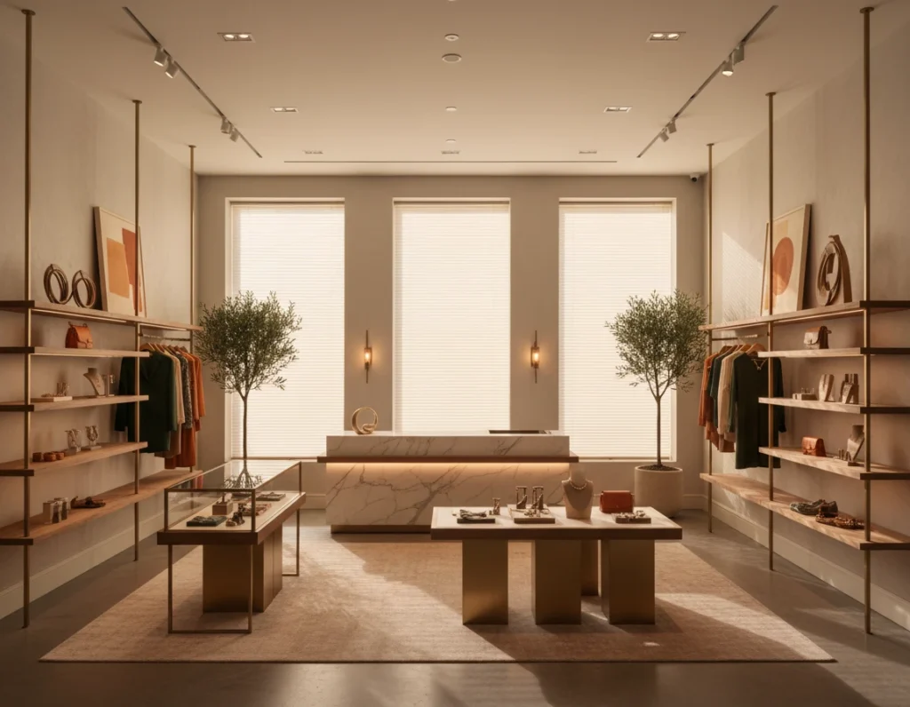 High-end clothing boutique interior with custom neutral window blinds filtering soft natural light, floating wooden shelves, and a marble service counter.