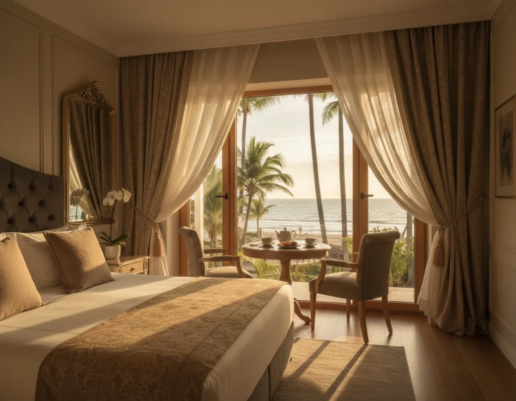 Elegant oceanfront resort bedroom with floor-to-ceiling silk drapes tied back, opening to a private balcony with tea seating over the ocean.